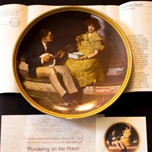 Norman Rockwell Fine China Collectible " Pondering on the Porch" 14K Gold Trim